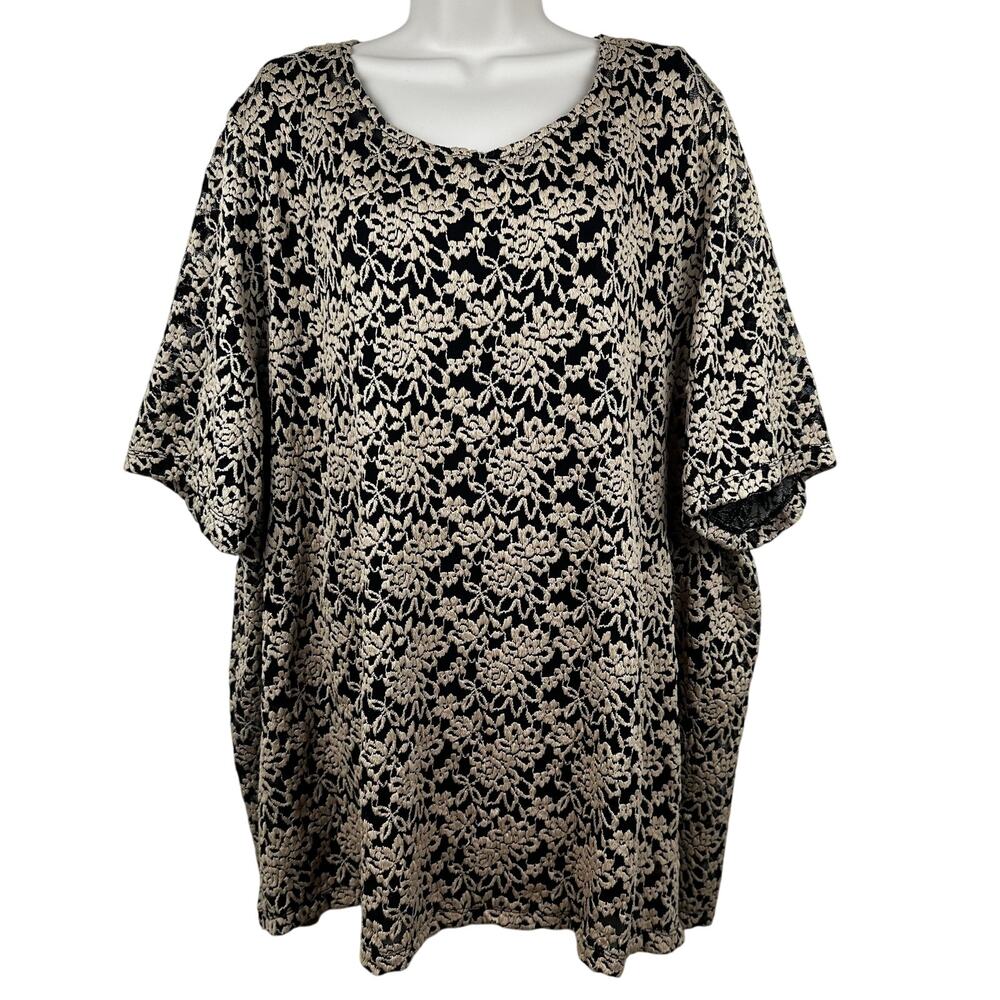 Catherines Lace Blouse Top Floral Stretch Lined Short Sleeve Black 3X Feminine